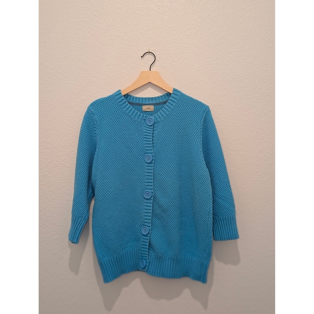 LL Bean Womens Bright Blue Knit Button Front Cardigan Sweater Crew Neck